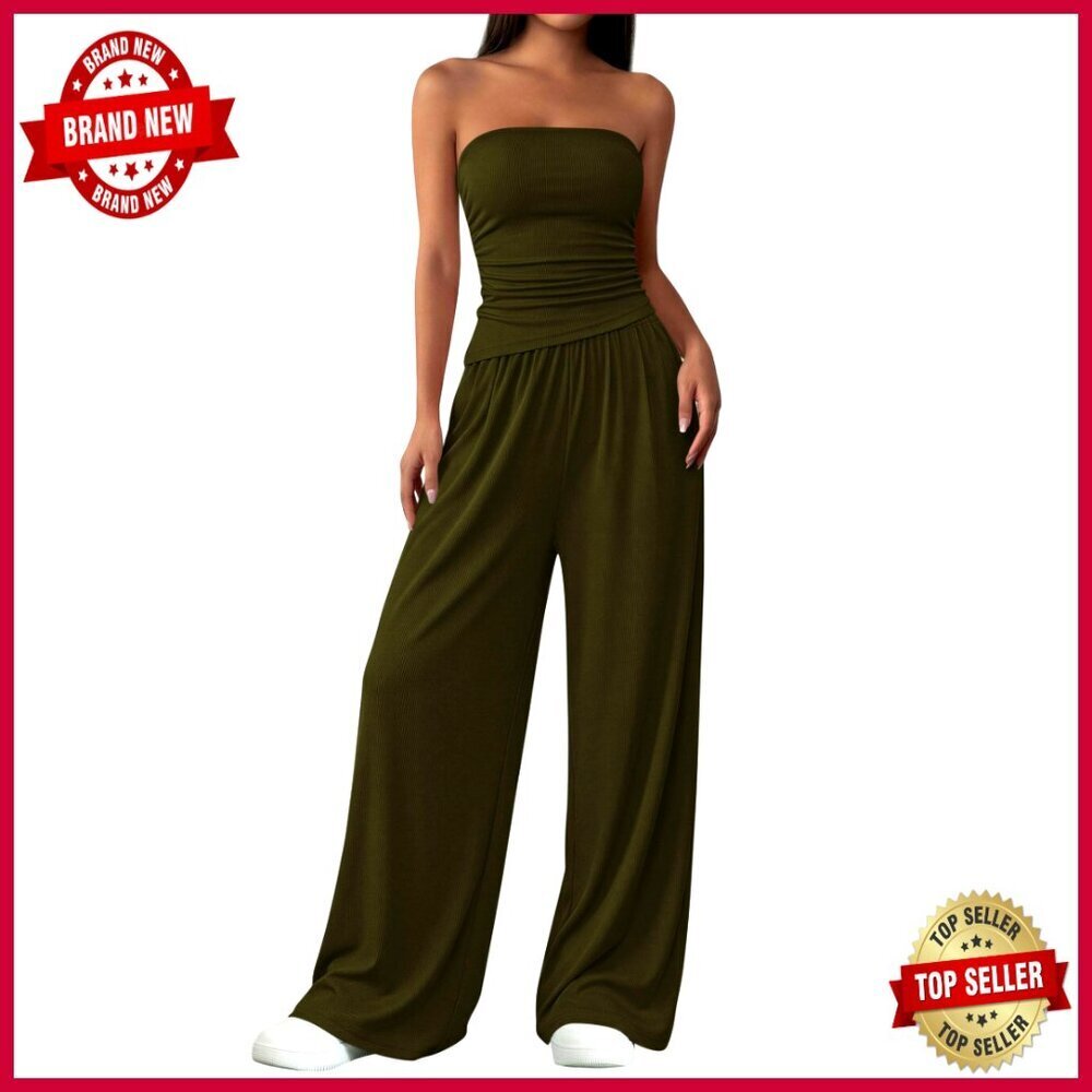 Stretchy Ribbed Knit Two-Piece Set with Tube Top and Wide Leg Pants